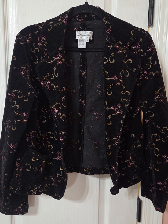 Live a Little Jackets & Blazers - Live a Little Women’s L Black Velvet Embroidered Blazer with Gold & Pink Detail